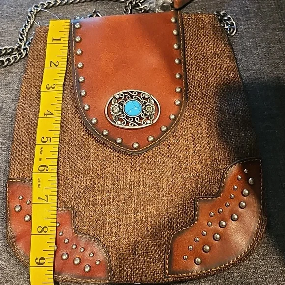 Western Brown Cowgirl Turquoise & Silver Accentsq Crossbody Canvas Tooled Han… - Picture 2 of 10